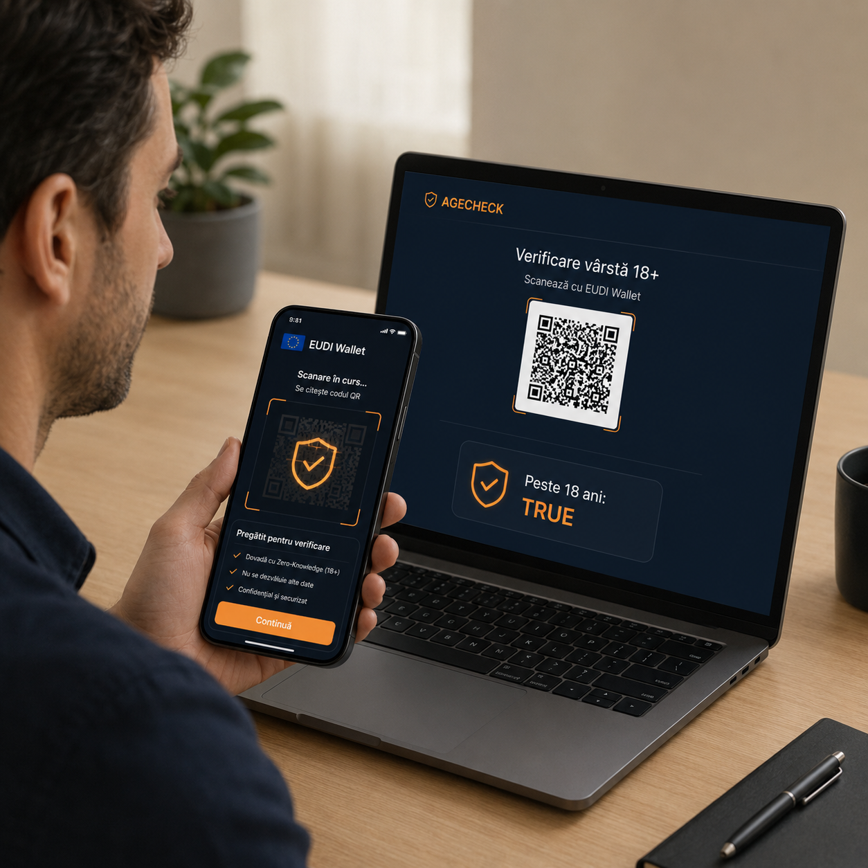 Verificare vârstă cu wallet-ul EUDI — laptop afişează rezultatul, telefonul ţine cheia.